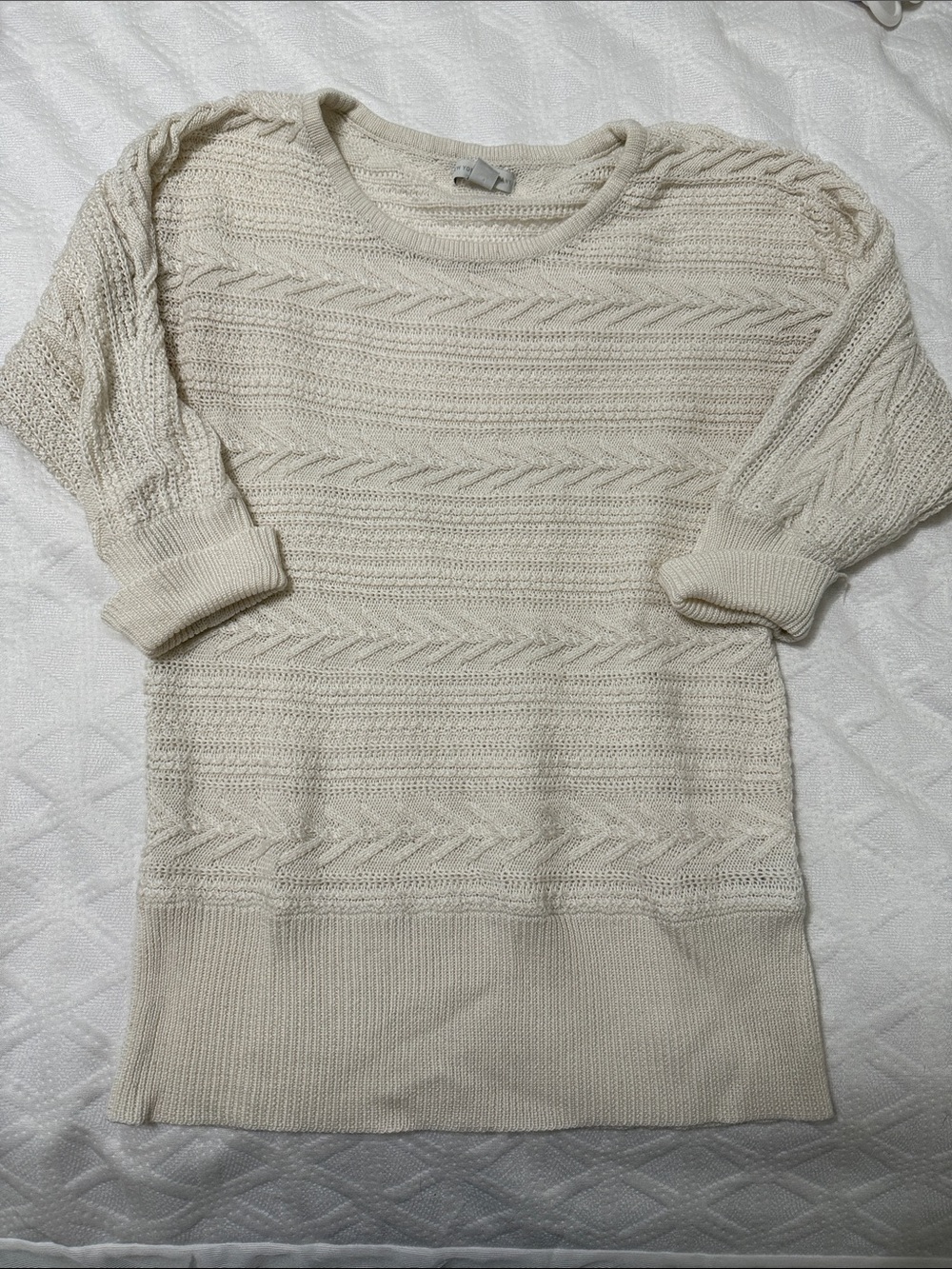 New York & Company Cream Cable Knit Crewneck Sweater